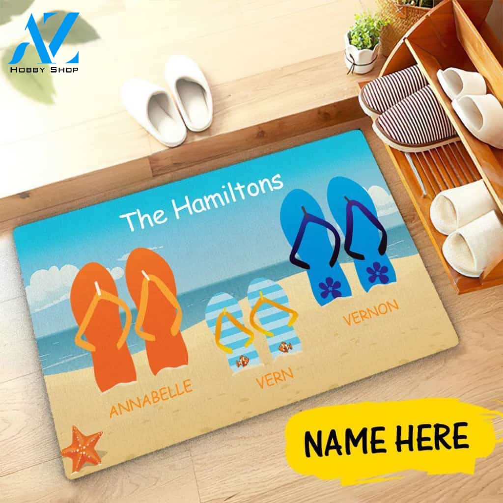Custom Sunshine Beach Flip Flops Family Name Doormat Personalized Doormat, Housewarming Gift