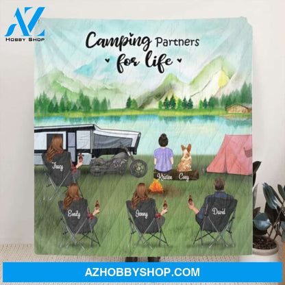 Customer Personalized Camping Blanket - Gift for the whole family, camping lovers with 4 Adults, 1 Kid and 1 Pet - Camping Partner For Life