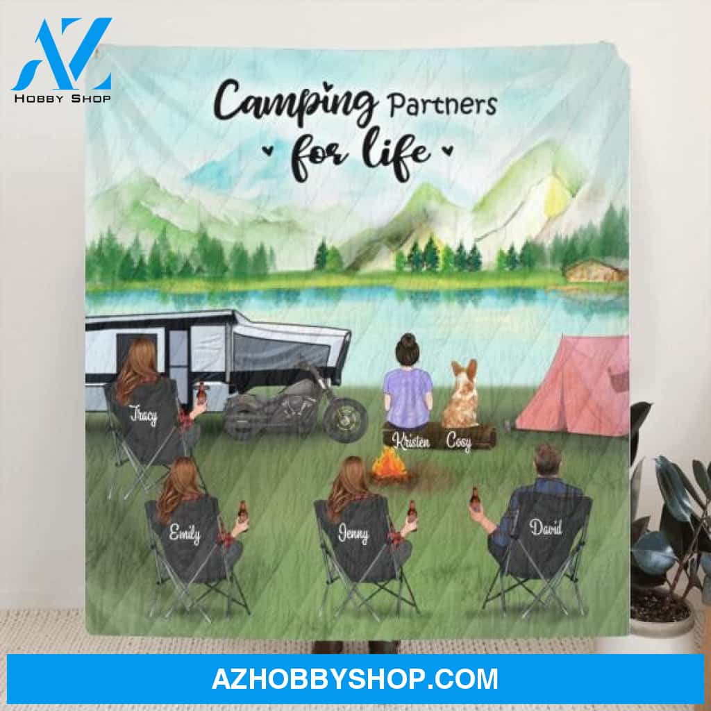 Customer Personalized Camping Blanket - Gift for the whole family, camping lovers with 4 Adults, 1 Kid and 1 Pet - Camping Partner For Life