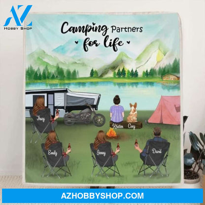 Customer Personalized Camping Blanket - Gift for the whole family, camping lovers with 4 Adults, 1 Kid and 1 Pet - Camping Partner For Life