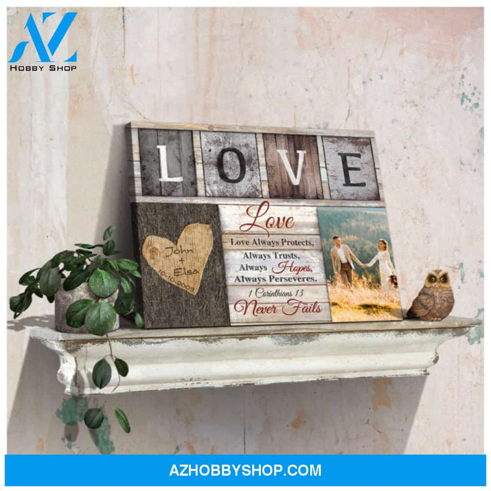 Customized Christian Wedding Gift Love Never Fails 1 Corinthians 13 Canvas Print
