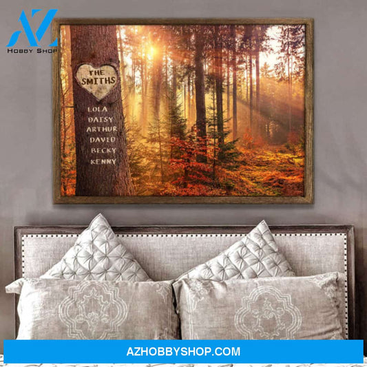 Customized Names Sign Beautiful Autumn Forest Carved Tree Canvas