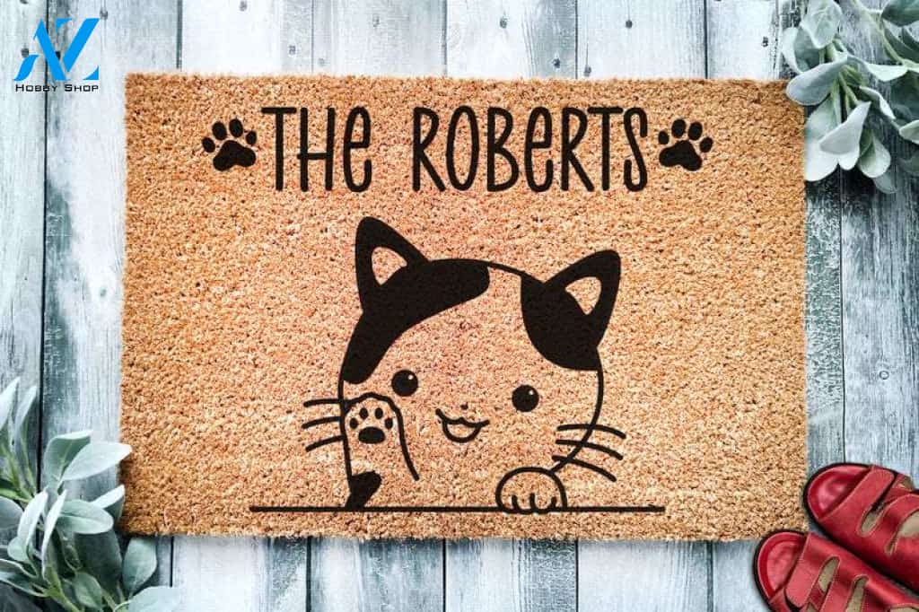 Cute Calico Cat Personalized Doormat  Waving Cat  Custom Doormat  Welcome Mat  Housewarming  Last Name Doormat  Closing Gift