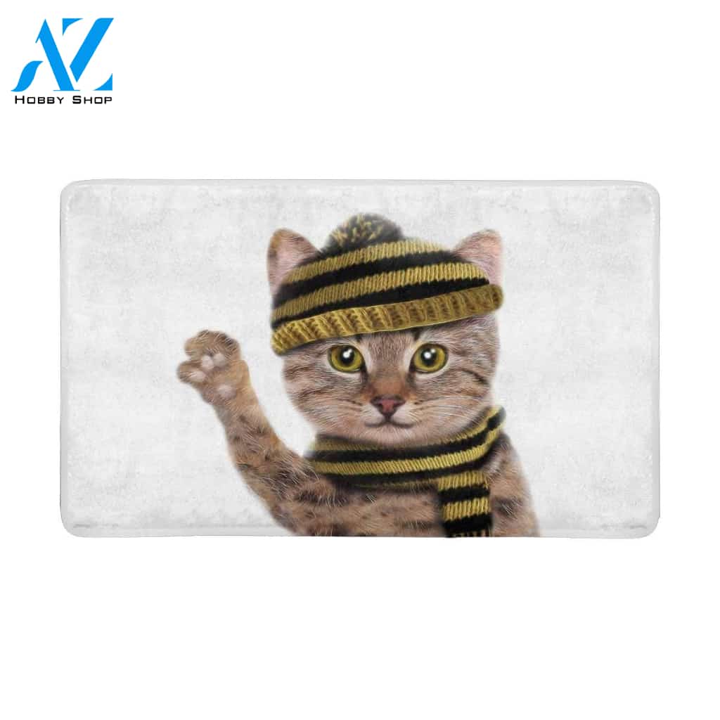 Cute Cat Animal With Hat And Scarf Doormat Welcome Mat House Warming Gift Home Decor Gift for Cat Lovers Funny Doormat Gift Idea