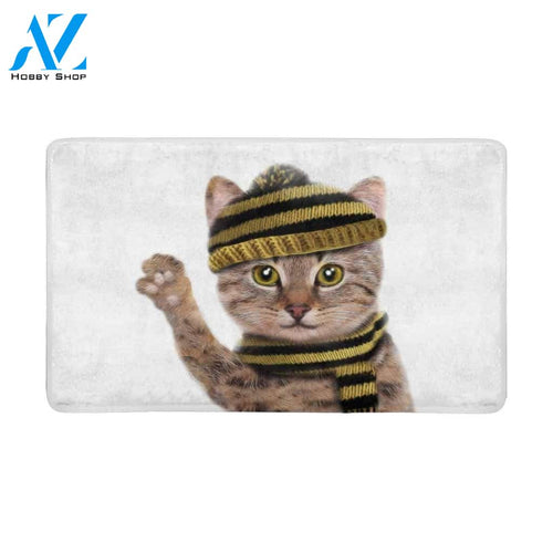 Cute Cat Animal With Hat And Scarf Doormat Welcome Mat House Warming Gift Home Decor Gift for Cat Lovers Funny Doormat Gift Idea
