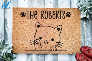 Cute Cat Personalized Doormat Waving Cat Custom Doormat Welcome Mat Housewarming Last Name Doormat Closing Gift