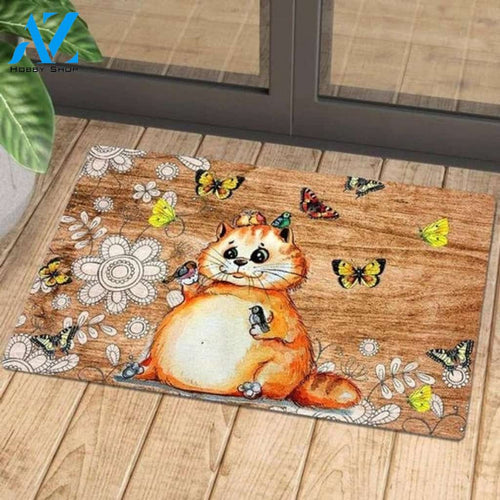 Cute Cat With Colorful Butterflies And Bird Floor Rug Doormat Welcome Mat House Warming Gift Home Decor Gift for Cat Lovers Funny Doormat Gift Idea