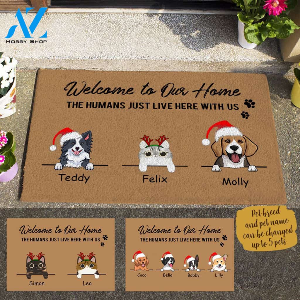 Cute Dog And Cat, Christmas Welcome To My Home The Humans Just Live Here With Me, Personalized Doormat HQ
