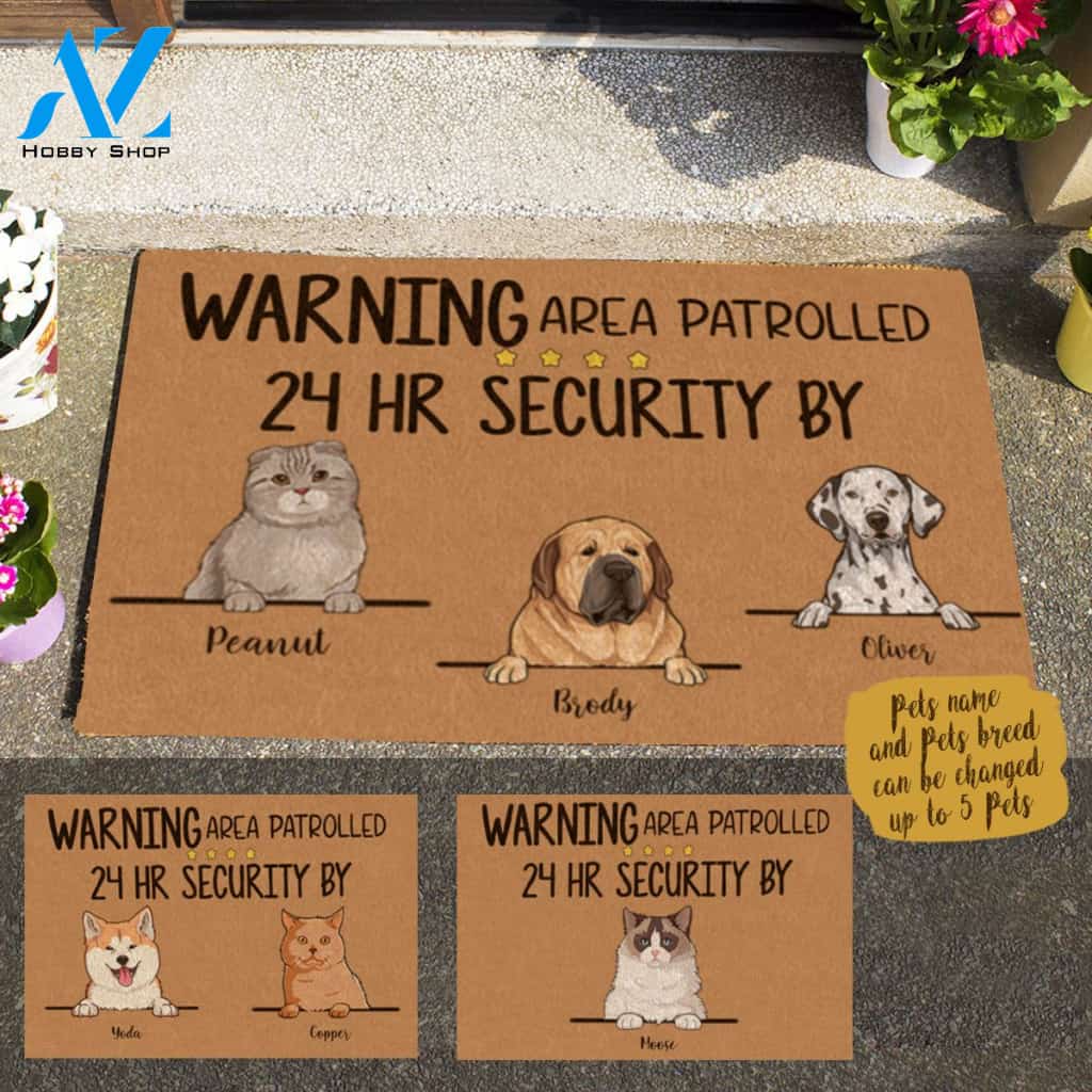 Cute Dog And Naive Cat , Warning Area Patrolled 24HR Security By..., Personalized Doormat HQ