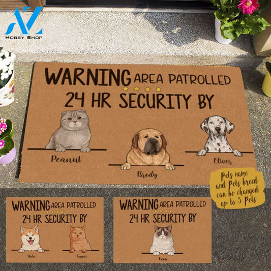 Cute Dog And Naive Cat , Warning Area Patrolled 24HR Security By..., Personalized Doormat HQ
