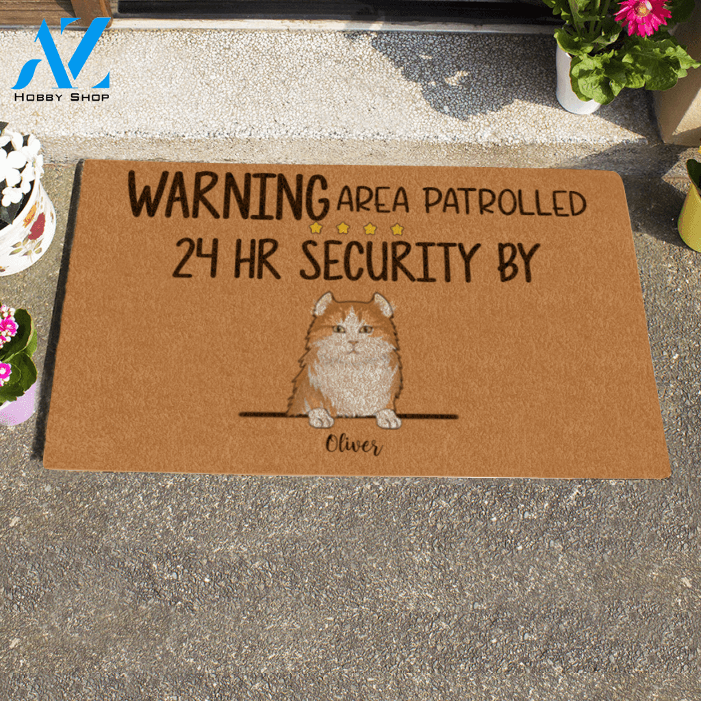 Cute Dog And Naive Cat , Warning Area Patrolled 24HR Security By..., Personalized Doormat HQ
