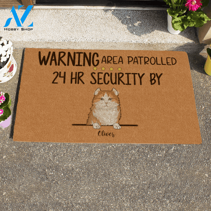 Cute Dog And Naive Cat , Warning Area Patrolled 24HR Security By..., Personalized Doormat HQ