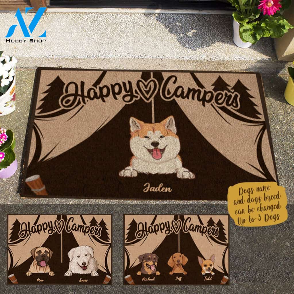 Cute Dog, Happy Campers Personalized Doormat HQ
