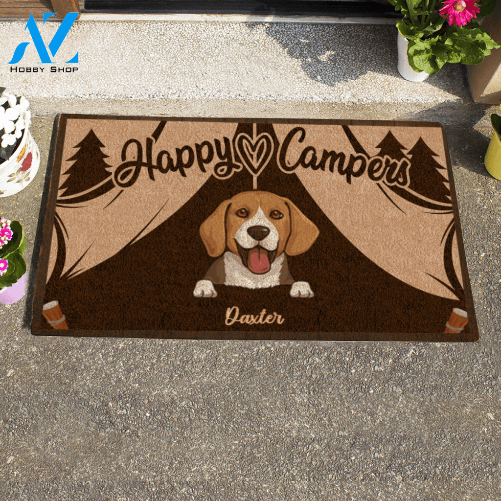 Cute Dog, Happy Campers Personalized Doormat HQ