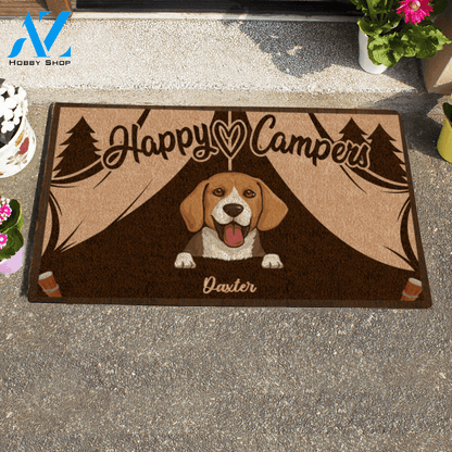 Cute Dog, Happy Campers Personalized Doormat HQ