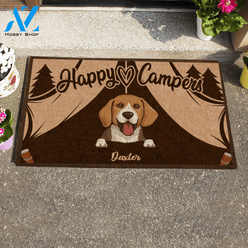 Cute Dog, Happy Campers Personalized Doormat HQ