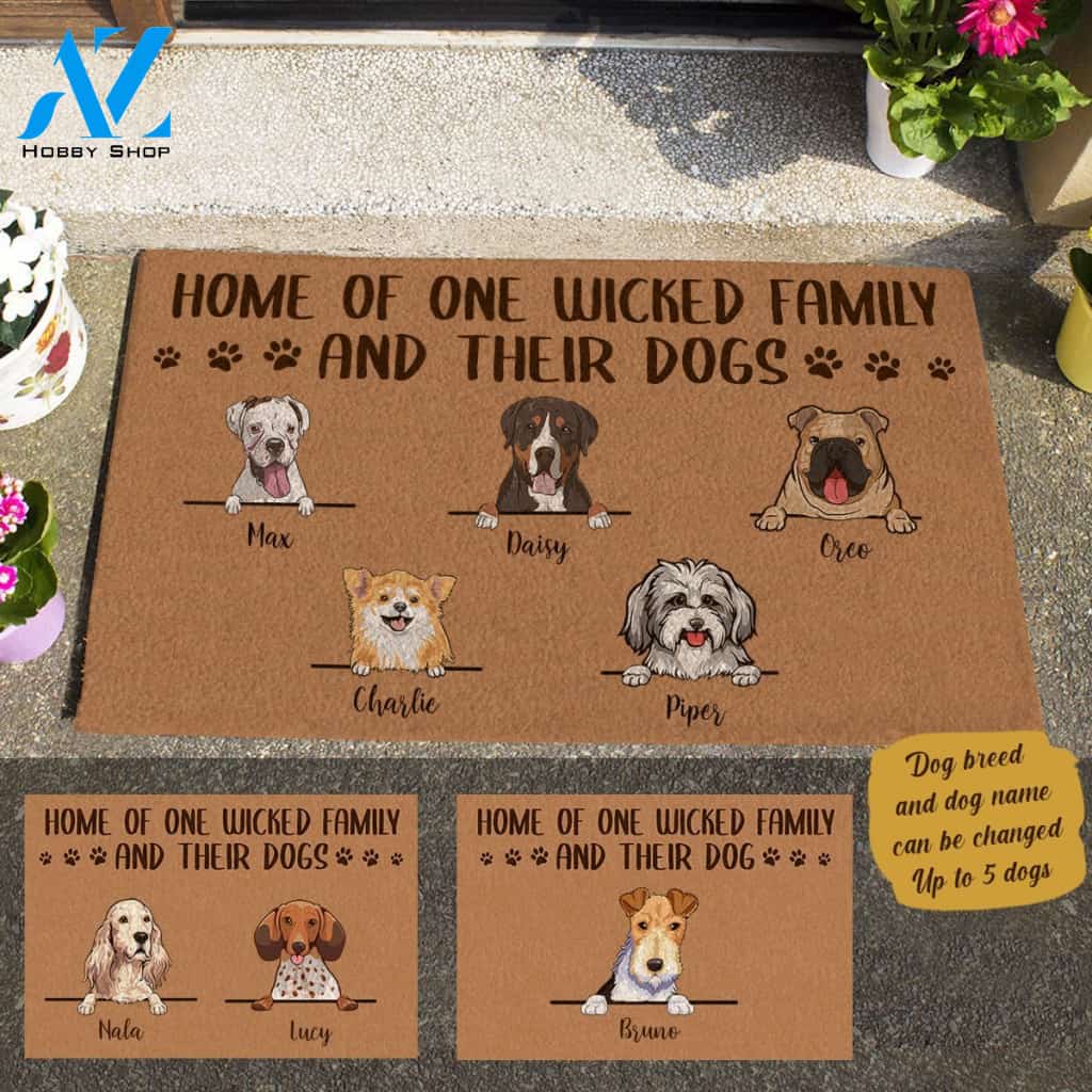 Cute Dog Home Of One Wicked Family And Their Dog Personalized Doormat