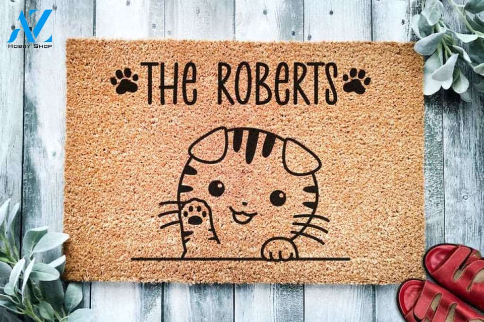 Cute Happy Tabby Cat Scottish Fold Personalized Doormat Custom Doormat Welcome Mat Housewarming Last Name Doormat Closing Gift