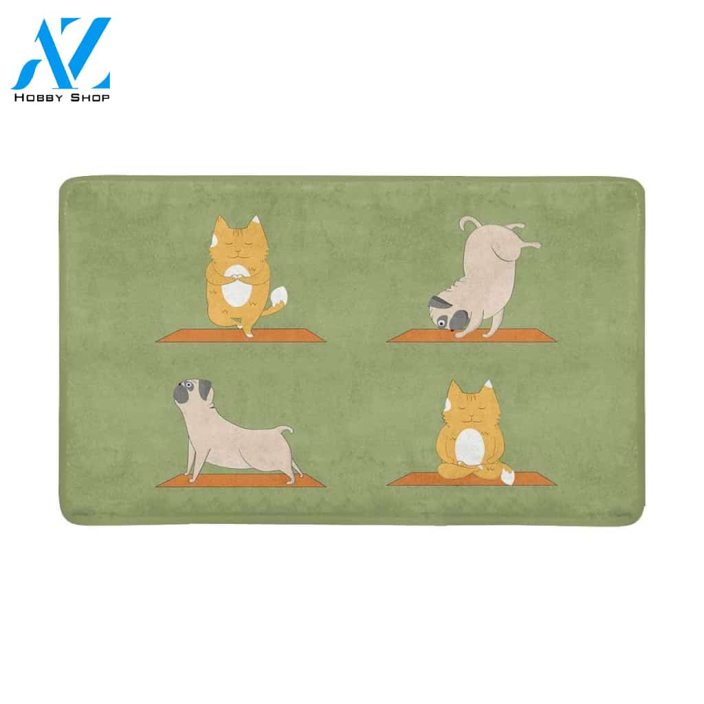 Cute Pugs And Cats Doing Yoga Cartoon Funny Animals Doormat Welcome Mat House Warming Gift Home Decor Funny Doormat Gift Idea