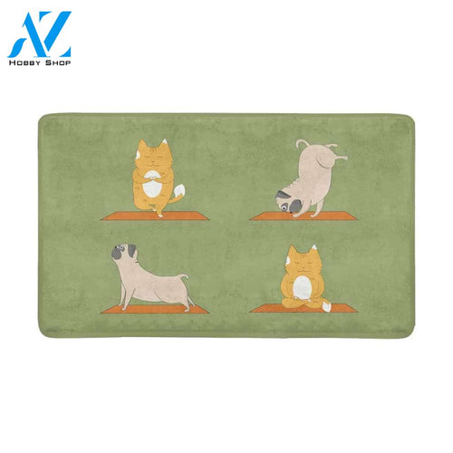 Cute Pugs And Cats Doing Yoga Cartoon Funny Animals Doormat Welcome Mat House Warming Gift Home Decor Funny Doormat Gift Idea