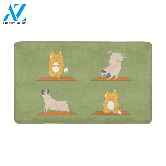 Cute Pugs And Cats Doing Yoga Cartoon Funny Animals Doormat Welcome Mat House Warming Gift Home Decor Funny Doormat Gift Idea