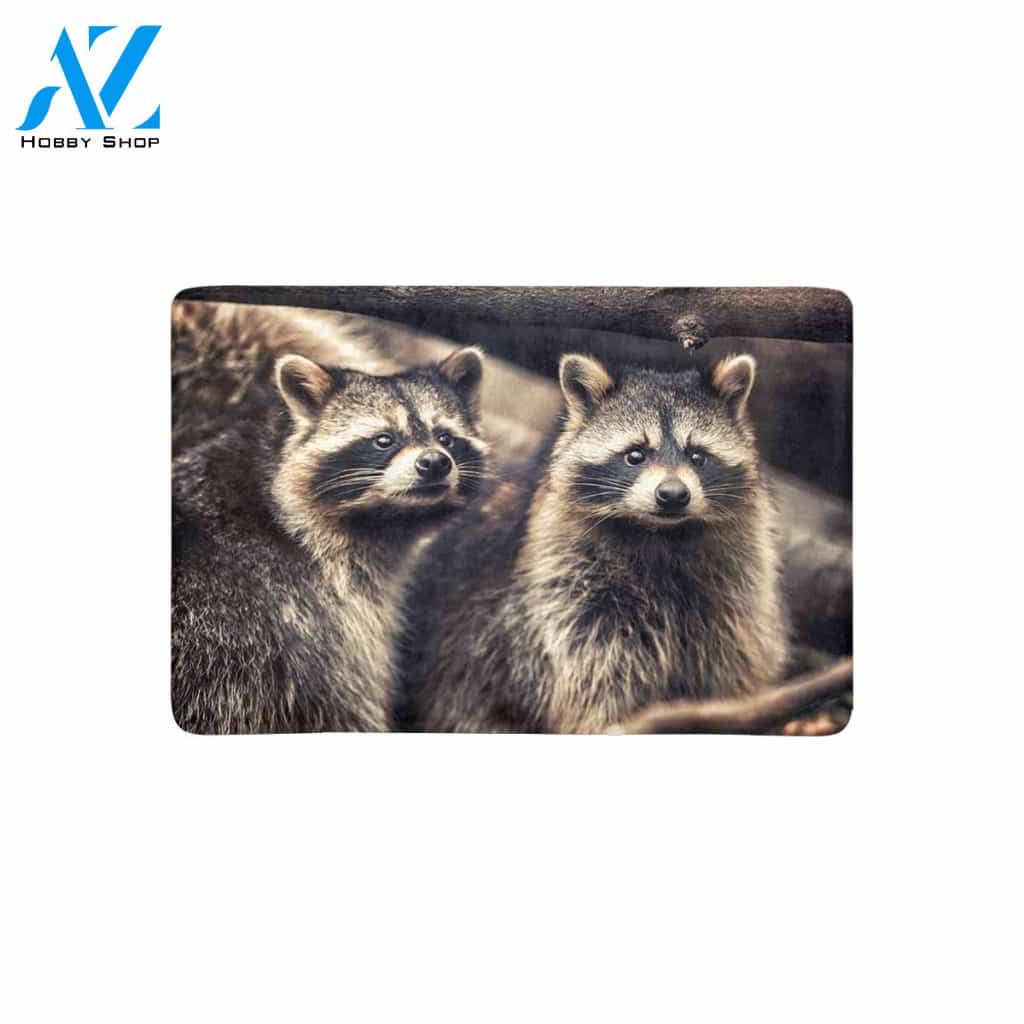 Cute Raccoons In Zoological Garden Funny Animal Doormat Welcome Mat House Warming Gift Home Decor Funny Doormat Gift Idea