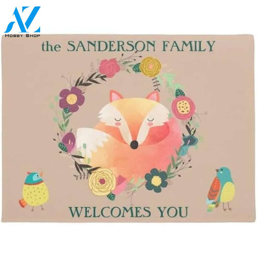 Cute Sleepy Fox in Floral Wreath Doormat