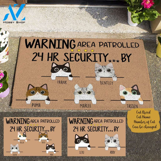 Cute Warning Area Patrolled By 24 HR Security..., Personalized Cat Doormat TV