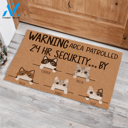 Cute Warning Area Patrolled By 24 HR Security..., Personalized Cat Doormat TV