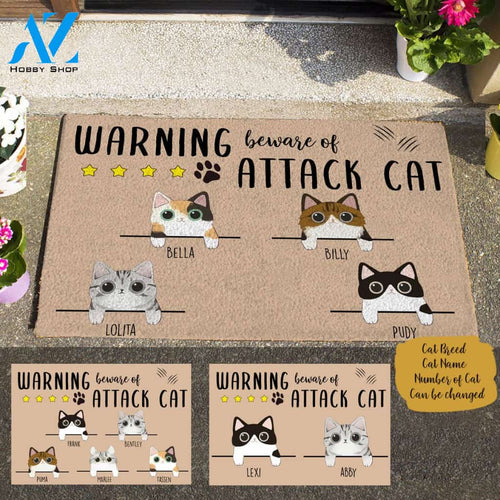 Cute Warning Berware Of Attack Cat Personalized Doormat TV