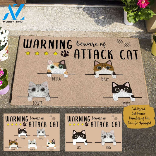 Cute Warning Berware Of Attack Cat Personalized Doormat TV