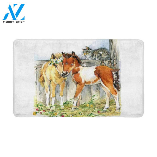 Cute Watercolor Horse and Cat Pet Animal On Farm Doormat Welcome Mat House Warming Gift Home Decor Funny Doormat Gift Idea