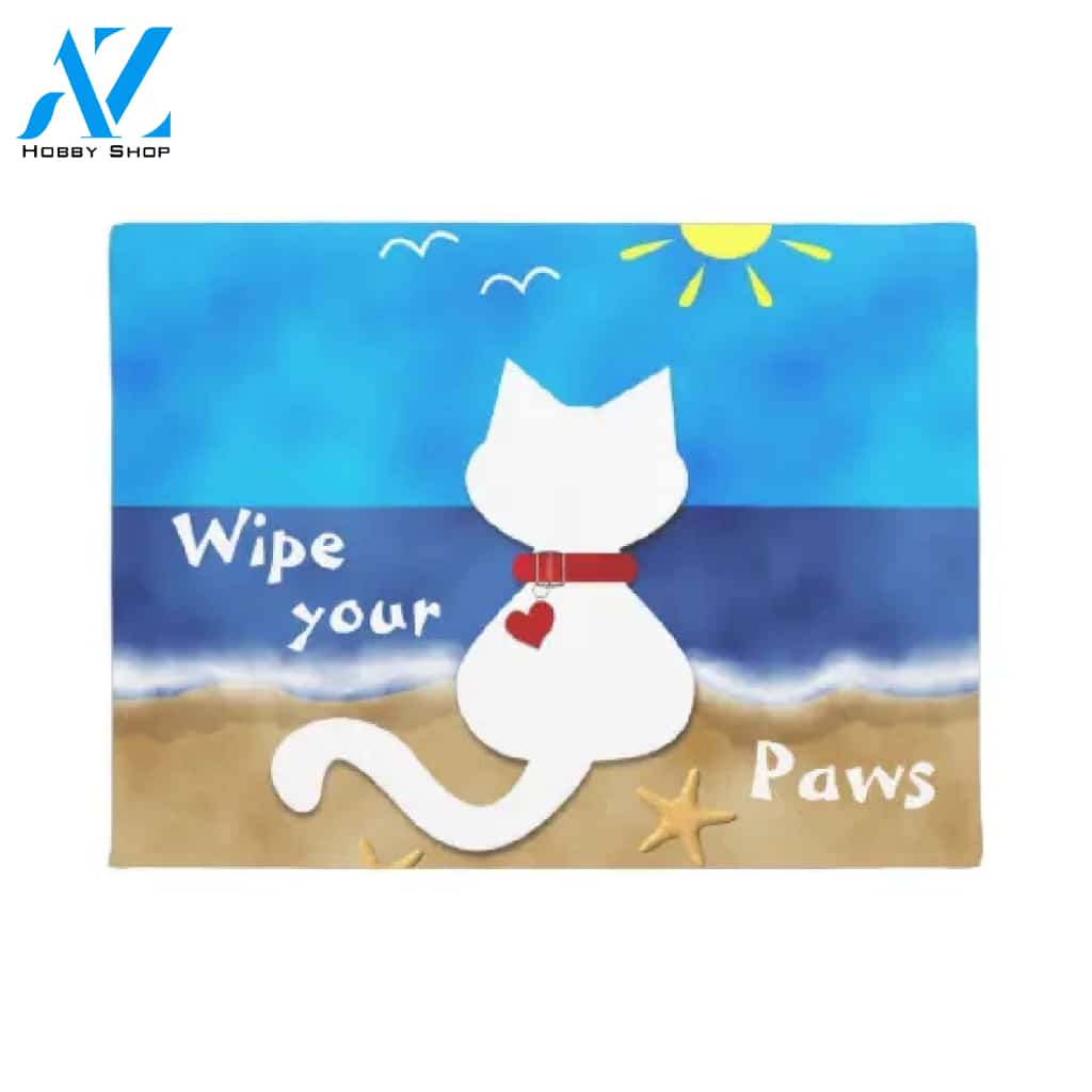 Cute White Cat Beach - Wipe Your Paws Doormat Welcome Mat House Warming Gift Home Decor Gift For Cat Lovers Funny Doormat Gift Idea