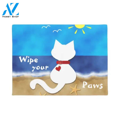 Cute White Cat Beach - Wipe Your Paws Doormat Welcome Mat House Warming Gift Home Decor Gift For Cat Lovers Funny Doormat Gift Idea