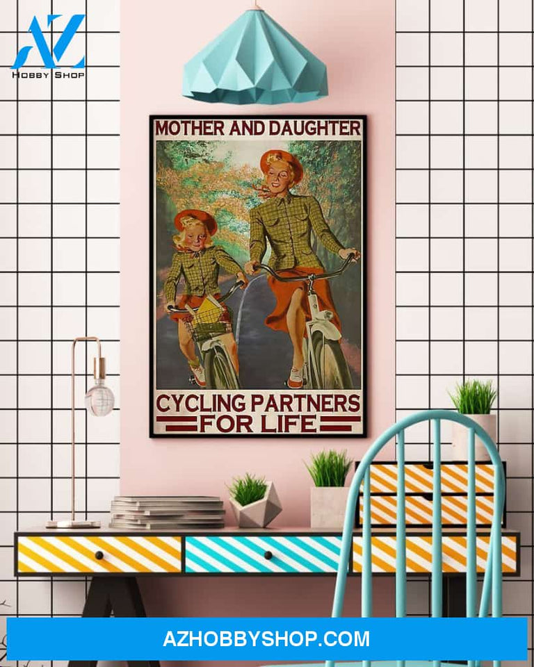 Cycling Mother And Daughter Vertical Wall Hanging, Wall Decor Visual Art