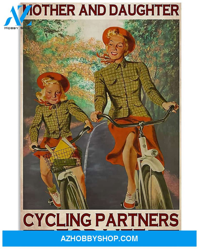 Cycling Mother And Daughter Vertical Wall Hanging, Wall Decor Visual Art