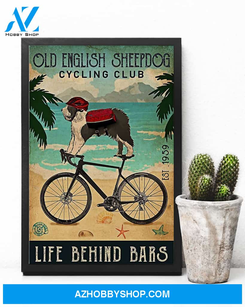Cycling Old English Sheepdog Cycling Club Vertical Canvas Wall Art, Wall Decor Visual Art