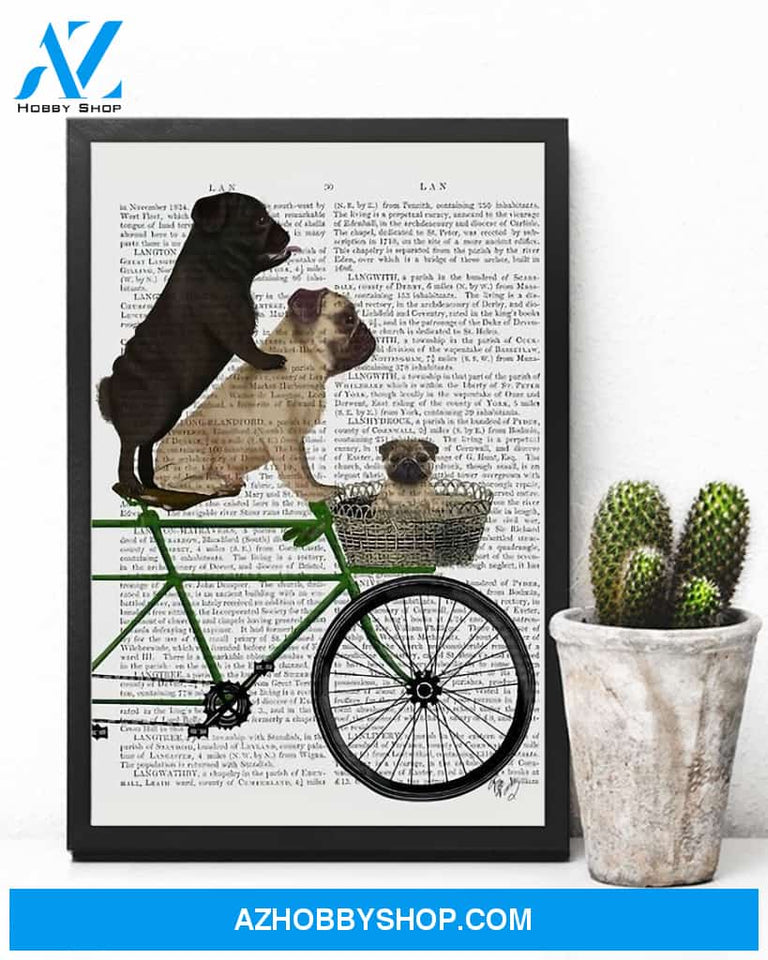 Cycling Pugs On Bicycle Vertical Canvas Wall Art, Wall Decor Visual Art