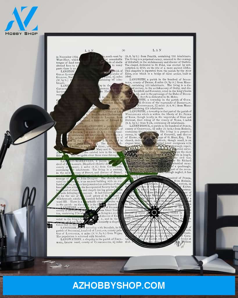 Cycling Pugs On Bicycle Vertical Canvas Wall Art, Wall Decor Visual Art
