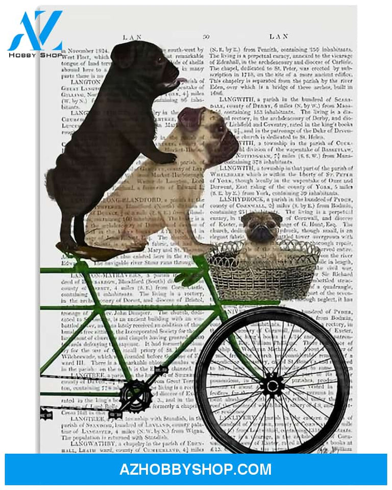 Cycling Pugs On Bicycle Vertical Canvas Wall Art, Wall Decor Visual Art