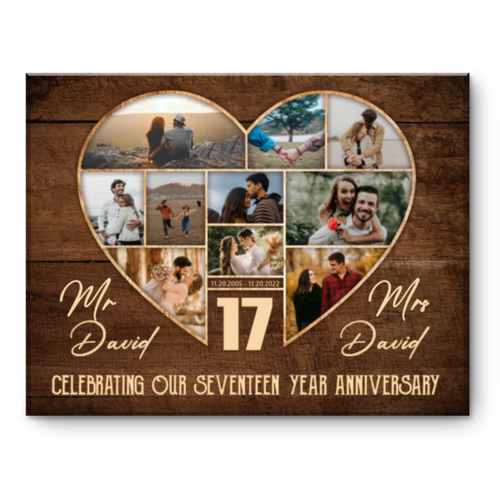 17th Wedding Anniversary Present, Gift For 17th Anniversary, Heart Shape Photo Collage