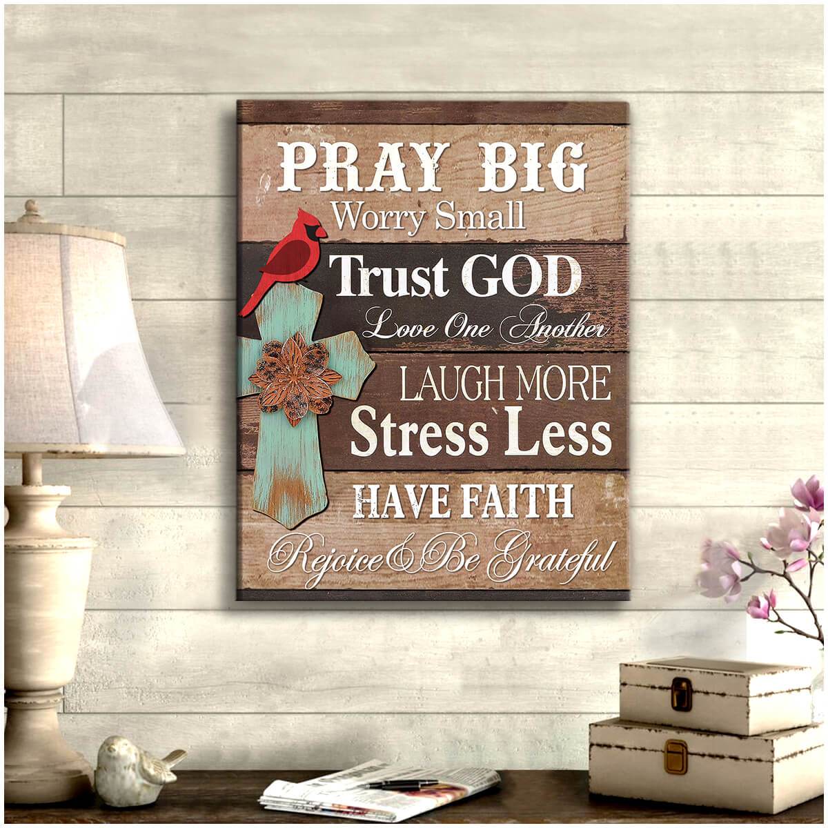 Pray Big Cross and Cardinal Canvas Wall Art Decor
