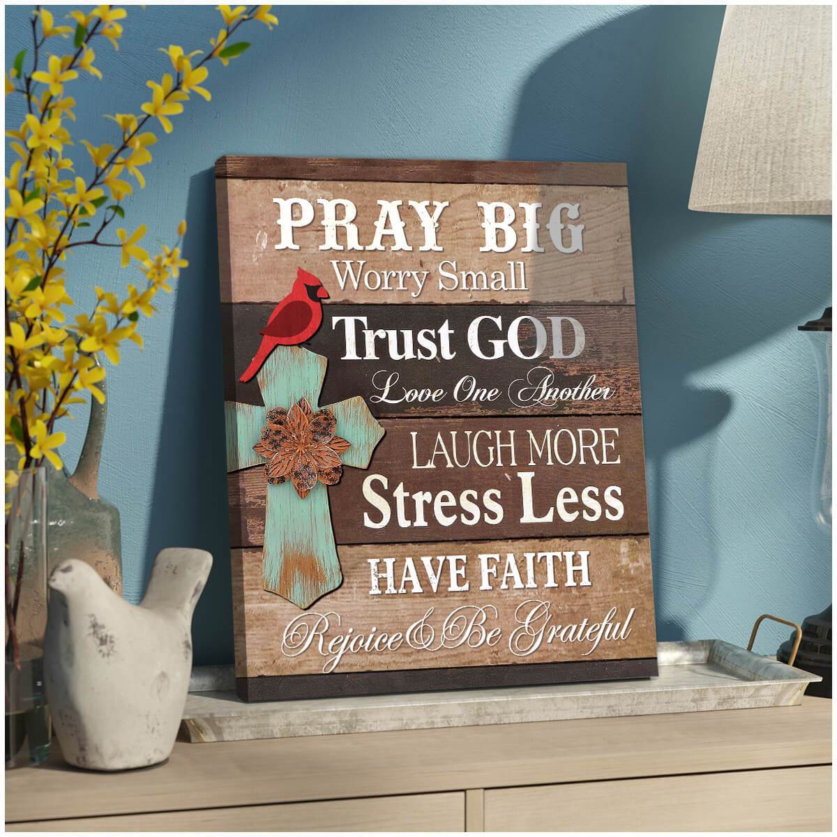 Pray Big Cross and Cardinal Canvas Wall Art Decor