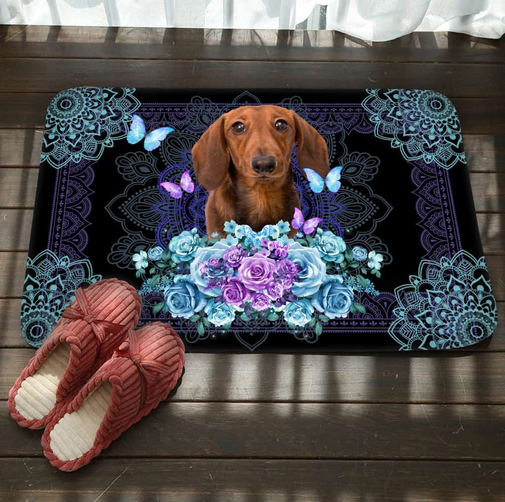 Dachshund Dogs Blue Floral Background Doormat Welcome Mat