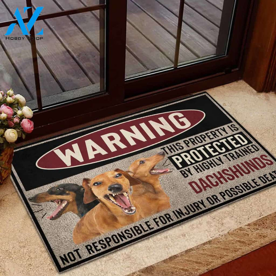 Dachshund Highly Trained Warning Rubber Base Doormat