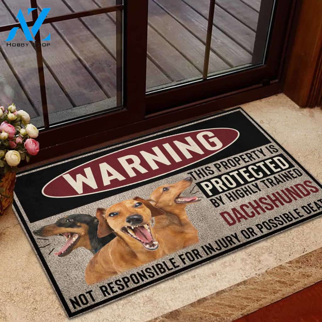 Dachshund Highly Trained Warning Rubber Base Doormat | Welcome Mat | House Warming Gift