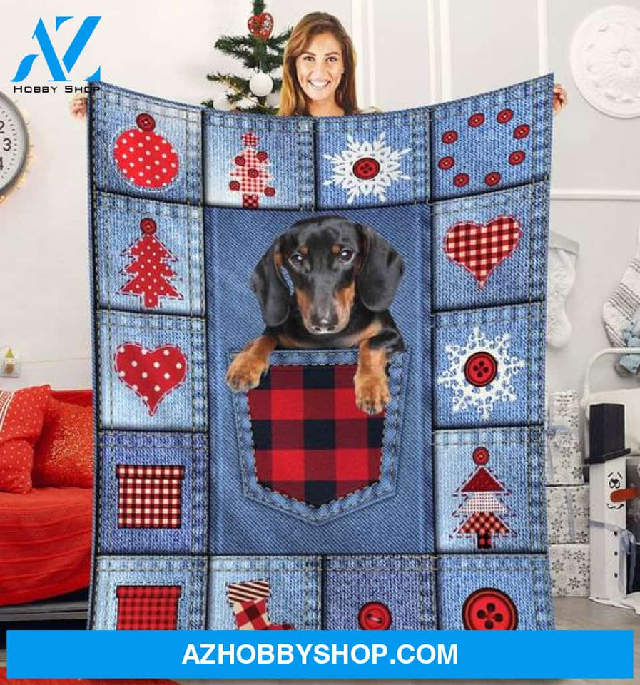 Dachshund In Demin Pocket Christmas Blanket Gift for Dog Lovers Birthday Gift Home Decor Bedding Couch Sofa Soft and Comfy Cozy