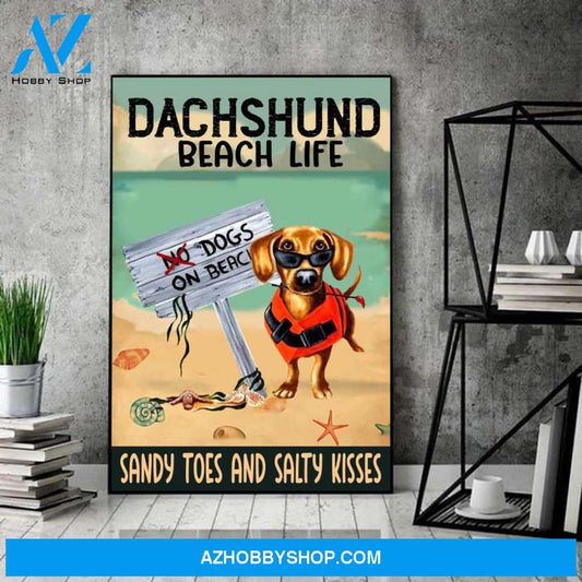 Dachshund Vintage Poster, Love Dog Poster, Sandy Toes And Salty Kisses Canvas And Poster, Wall Decor Visual Art