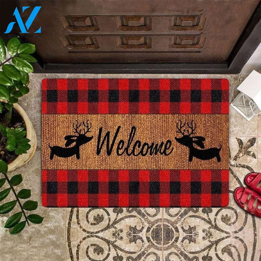 Dachshund Welcome Merry Christmas Buffalo Plaid Doormat Gift For Dog Lovers Birthday Gift Home Decor Warm House Gift Welcome Mat