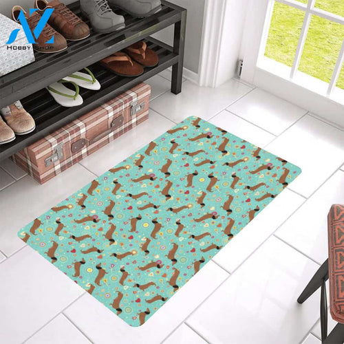 Dachshund with Floral Print Pattern Rubber Doormat